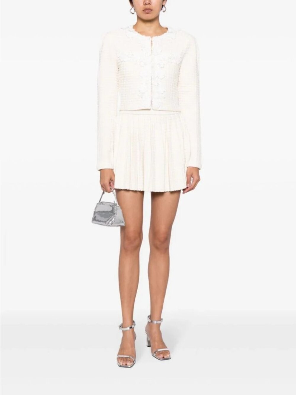 NWT $726 Self Portrait Cream Knit Floral Trim Cardigan Ivory Size Medium